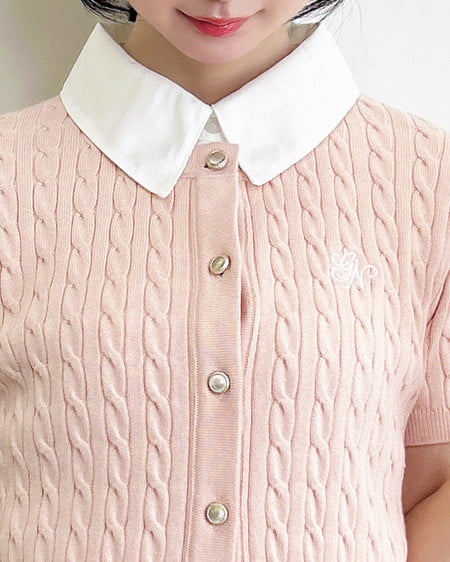 INGNI（イング） ケーブル柄裾シャツ半袖ニット ﾋﾟﾝｸ/ｵﾌﾎﾜｲﾄ