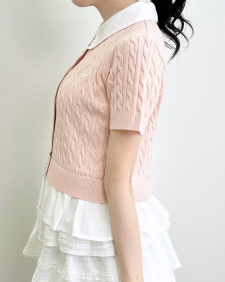 INGNI（イング） ケーブル柄裾シャツ半袖ニット ﾋﾟﾝｸ/ｵﾌﾎﾜｲﾄ