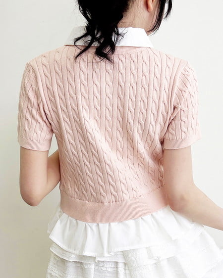 INGNI（イング） ケーブル柄裾シャツ半袖ニット ﾋﾟﾝｸ/ｵﾌﾎﾜｲﾄ