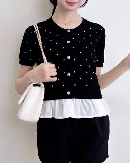 INGNI（イング） アソート柄裾フリル半袖ニットカーディガン ｸﾛｵﾌ/ﾄﾞｯﾄ