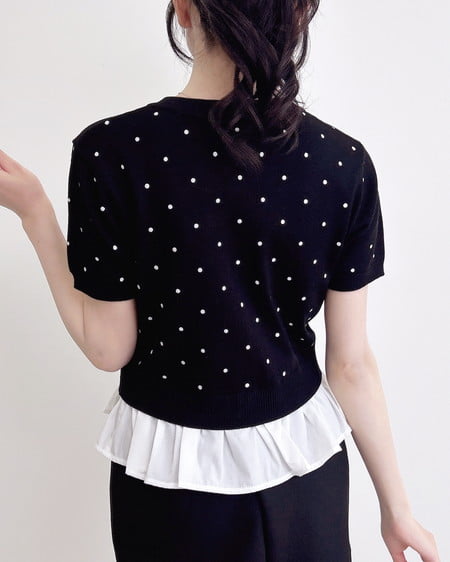 INGNI（イング） アソート柄裾フリル半袖ニットカーディガン ｸﾛｵﾌ/ﾄﾞｯﾄ