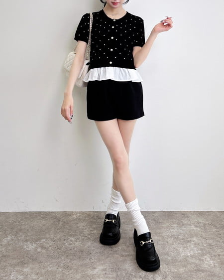 INGNI（イング） アソート柄裾フリル半袖ニットカーディガン ｸﾛｵﾌ/ﾄﾞｯﾄ