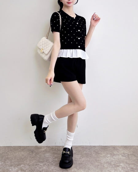 INGNI（イング） アソート柄裾フリル半袖ニットカーディガン ｸﾛｵﾌ/ﾄﾞｯﾄ