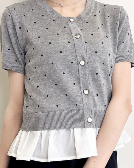 INGNI（イング） アソート柄裾フリル半袖ニットカーディガン ｸﾞﾚｰｸﾛ/ﾄﾞｯﾄ