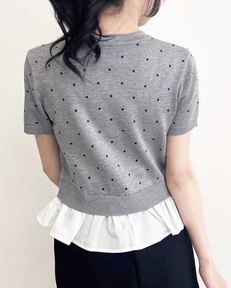 INGNI（イング） アソート柄裾フリル半袖ニットカーディガン ｸﾞﾚｰｸﾛ/ﾄﾞｯﾄ