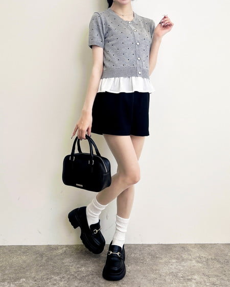 INGNI（イング） アソート柄裾フリル半袖ニットカーディガン ｸﾞﾚｰｸﾛ/ﾄﾞｯﾄ