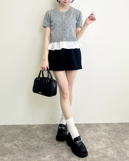 INGNI（イング） アソート柄裾フリル半袖ニットカーディガン ｸﾞﾚｰｸﾛ/ﾄﾞｯﾄ