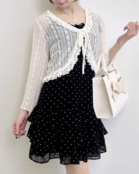 INGNI（イング） アソート柄フリルミニキャミワンピース ｸﾛ/ﾄﾞｯﾄ