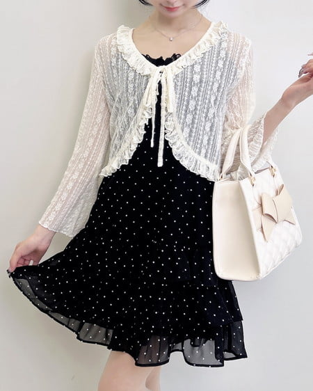 INGNI（イング） アソート柄フリルミニキャミワンピース ｸﾛ/ﾄﾞｯﾄ