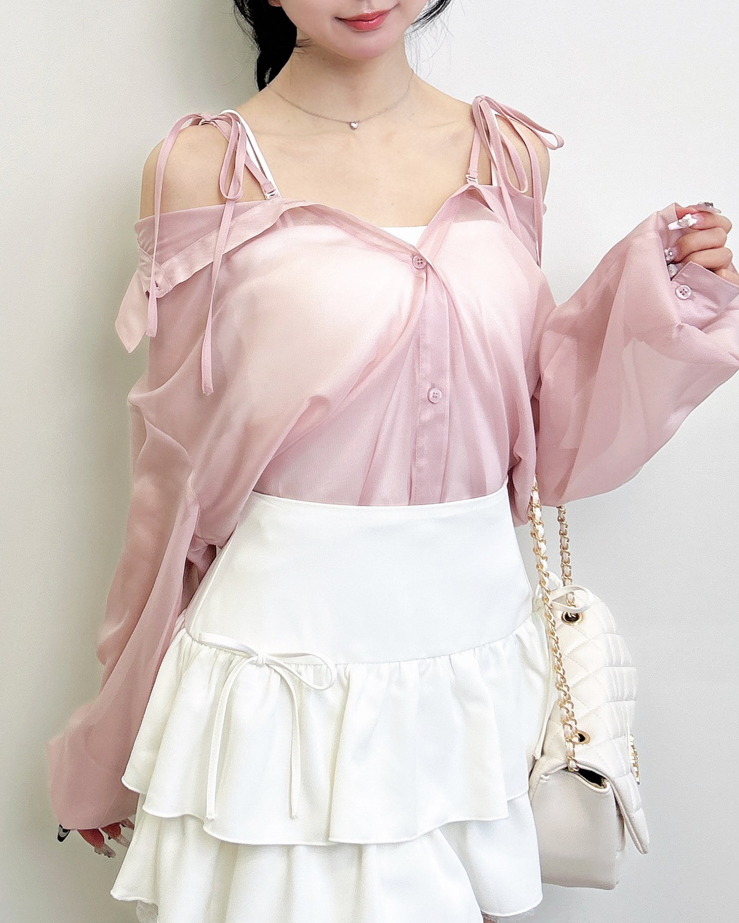 2Way肩リボンオフショルシアーシャツ