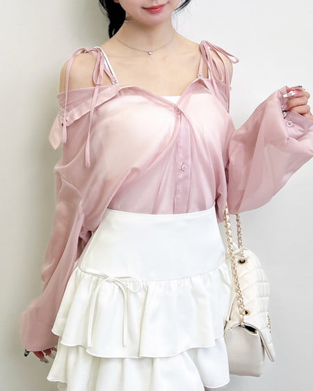 2Way肩リボンオフショルシアーシャツ