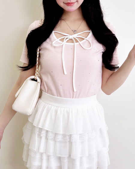 INGNI（イング） 配色パイピングリボンラインストーン飛ばしリブトップス ﾗｲﾄﾋﾟﾝｸ/ｵﾌﾎﾜｲﾄ