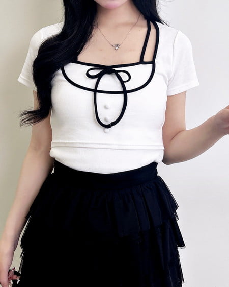 配色パイピングリボンレイヤードトップス