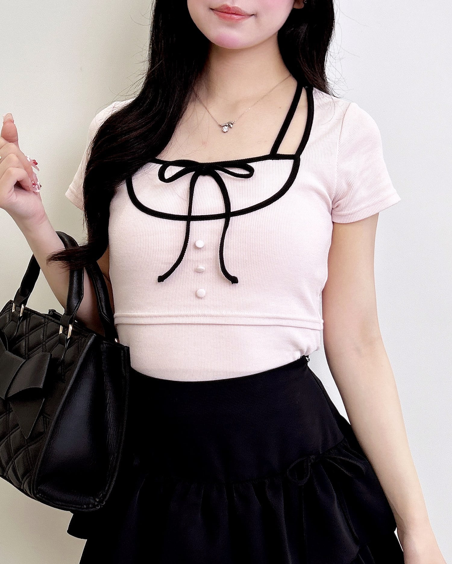 配色パイピングリボンレイヤードトップス