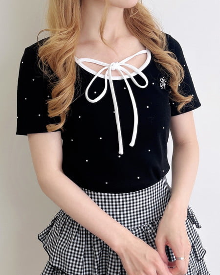 INGNI（イング） 配色パイピングリボンラインストーン飛ばしリブトップス ｸﾛ/ｵﾌﾎﾜｲﾄ