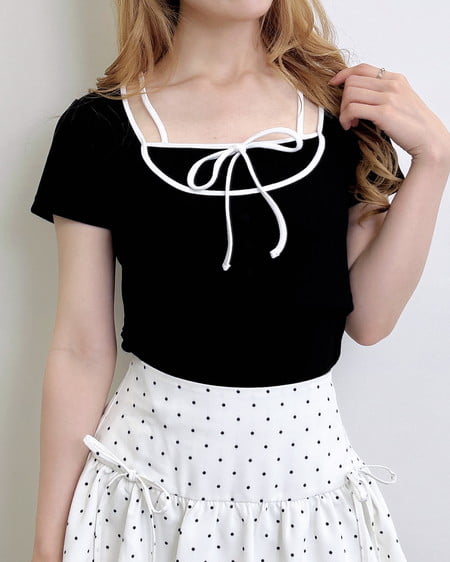 INGNI（イング） 配色パイピングリボンレイヤードトップス ｸﾛ/ｵﾌﾎﾜｲﾄ