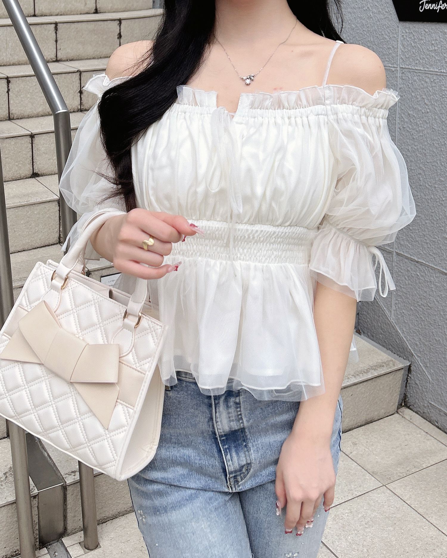 チュールオフショルブラウス♡ INGNI（イング） ブラウス シャツ チュールオフショルブラウス