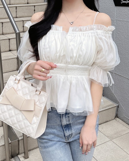 チュールオフショル半袖ブラウス