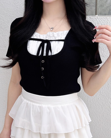 フロントレースドッキング半袖ニット