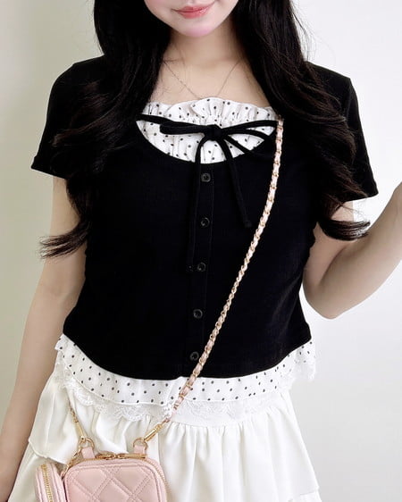 レースレイヤード風リボン付き半袖リブトップス