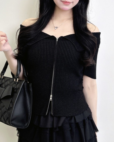 襟付オフショルフロントジップ半袖ラメニットカーディガン