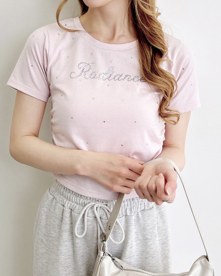 ラインストーン飛ばしロゴサイドギャザーTシャツ