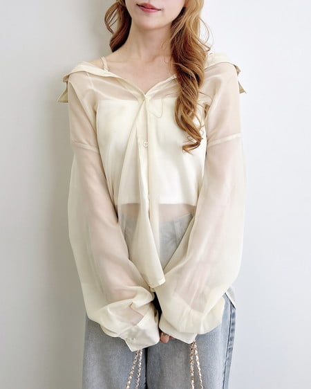 2Way肩リボンオフショルシアーシャツ