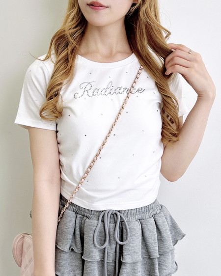 ラインストーン飛ばしロゴサイドギャザーTシャツ