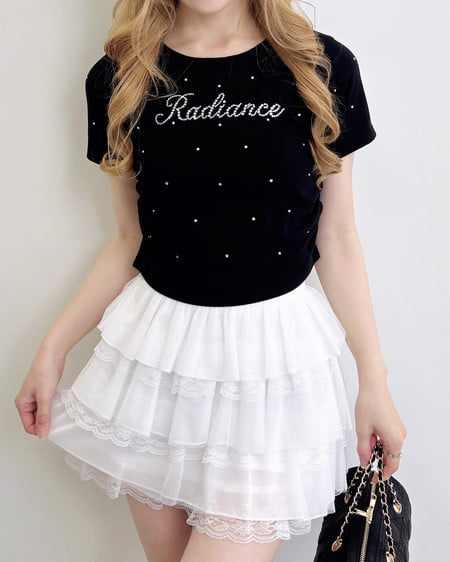 INGNI(イング) ラインストーン飛ばしロゴサイドギャザーTシャツ クロ