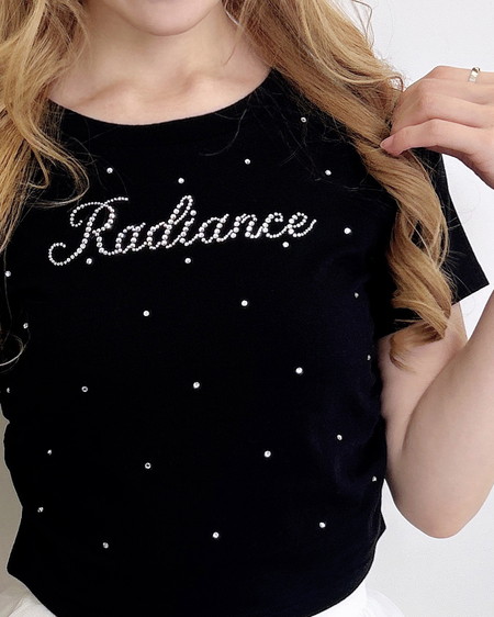 ラインストーン飛ばしロゴサイドギャザーTシャツ