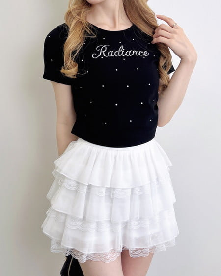 INGNI(イング) ラインストーン飛ばしロゴサイドギャザーTシャツ クロ