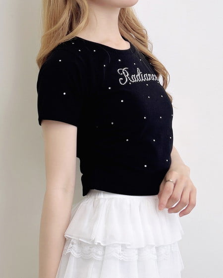 INGNI(イング) ラインストーン飛ばしロゴサイドギャザーTシャツ クロ
