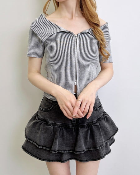 INGNI（イング） 襟付オフショルフロントジップ半袖ラメニットカーディガン ｸﾞﾚｰ