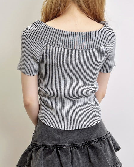 INGNI（イング） 襟付オフショルフロントジップ半袖ラメニットカーディガン ｸﾞﾚｰ
