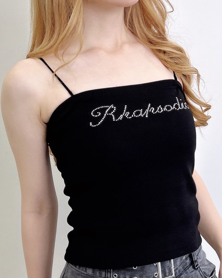 ラインストーンロゴサイドギャザーベアリブキャミ