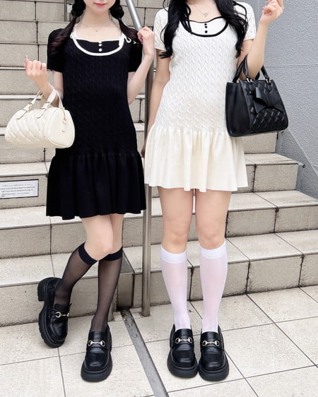 INGNI（イング） 配色ケーブル半袖ニットワンピース ｵﾌﾎﾜｲﾄ/ｸﾛ