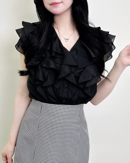 INGNI（イング） フリルシアーノースリーブブラウス ｸﾛ