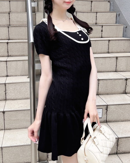 INGNI（イング） 配色ケーブル半袖ニットワンピース ｸﾛ/ｵﾌﾎﾜｲﾄ