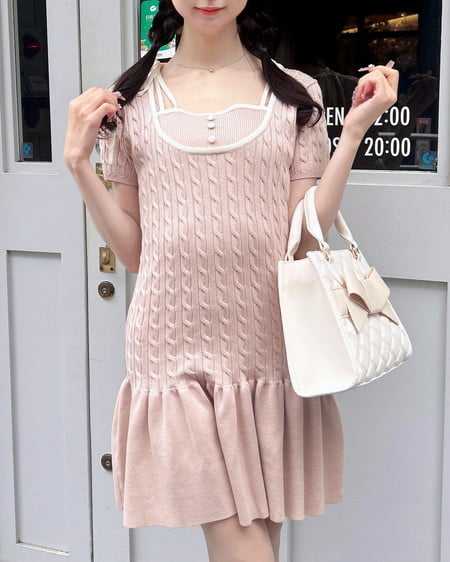 INGNI(イング)  配色ケーブル半袖ニットワンピース