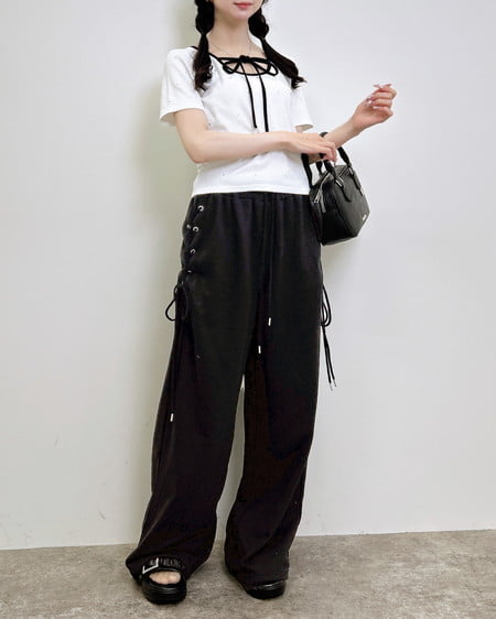 INGNI（イング） サイドレースアップスウェットパンツ ｸﾛ