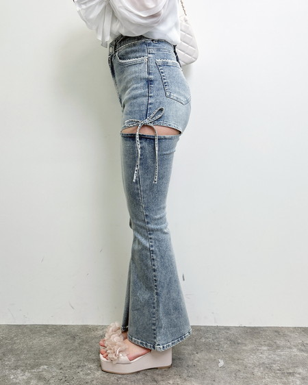 INGNI（イング） サイドリボンフレアデニムパンツ ﾃﾞﾆﾑ/ﾗｲﾄﾌﾞﾙｰ