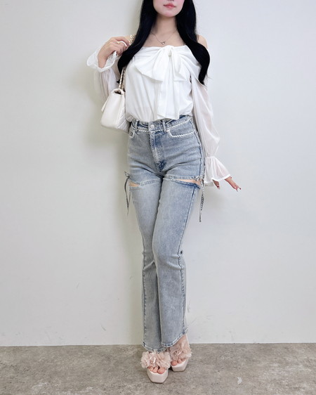 INGNI（イング） サイドリボンフレアデニムパンツ ﾃﾞﾆﾑ/ﾗｲﾄﾌﾞﾙｰ