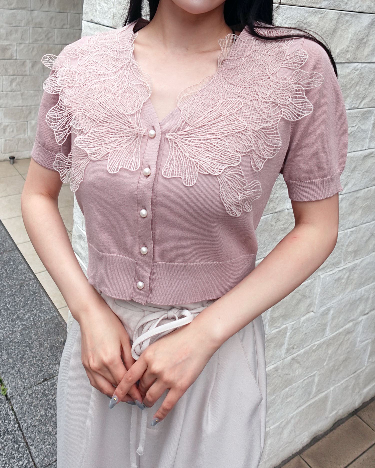 レースカラー半袖ニット