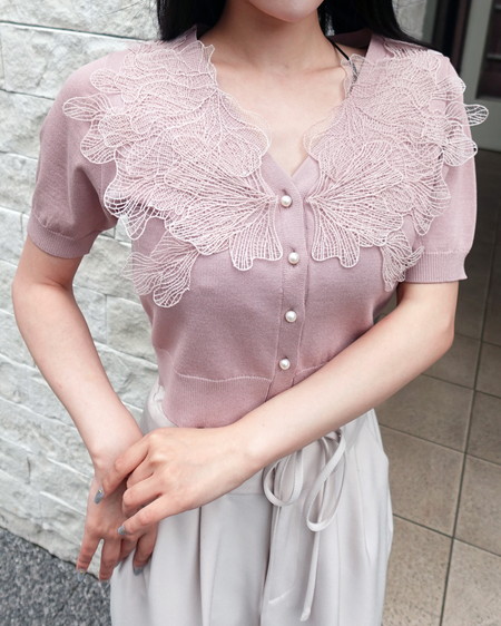 INGNI（イング） レースカラー半袖ニット ﾋﾟﾝｸ