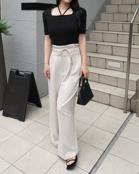 INGNI（イング） ホルター付スクエアネックランダムリブ半袖ニット ｸﾛ