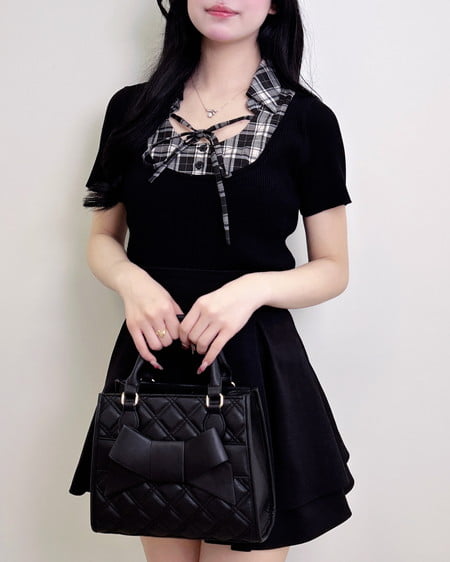 INGNI（イング） アソート柄シャツドッキング半袖リブニット ｸﾛ/ｸﾛﾁｪｯｸ