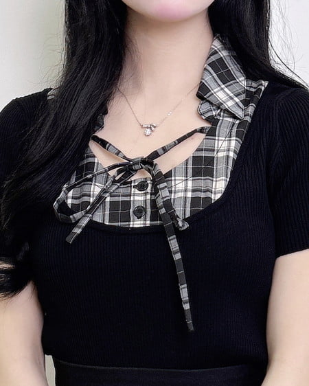 INGNI（イング） アソート柄シャツドッキング半袖リブニット ｸﾛ/ｸﾛﾁｪｯｸ