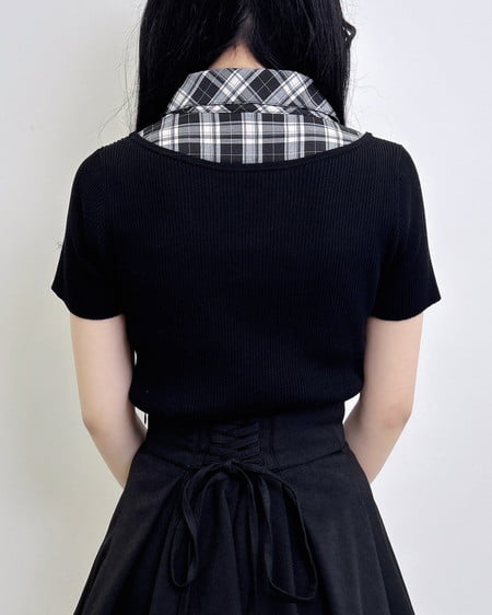 INGNI（イング） アソート柄シャツドッキング半袖リブニット ｸﾛ/ｸﾛﾁｪｯｸ