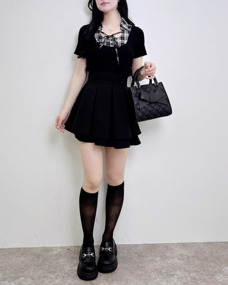 INGNI（イング） アソート柄シャツドッキング半袖リブニット ｸﾛ/ｸﾛﾁｪｯｸ