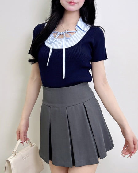 INGNI（イング） アソート柄シャツドッキング半袖リブニット ｺﾝ/ﾌﾞﾙｰｽﾄﾗｲﾌﾟ